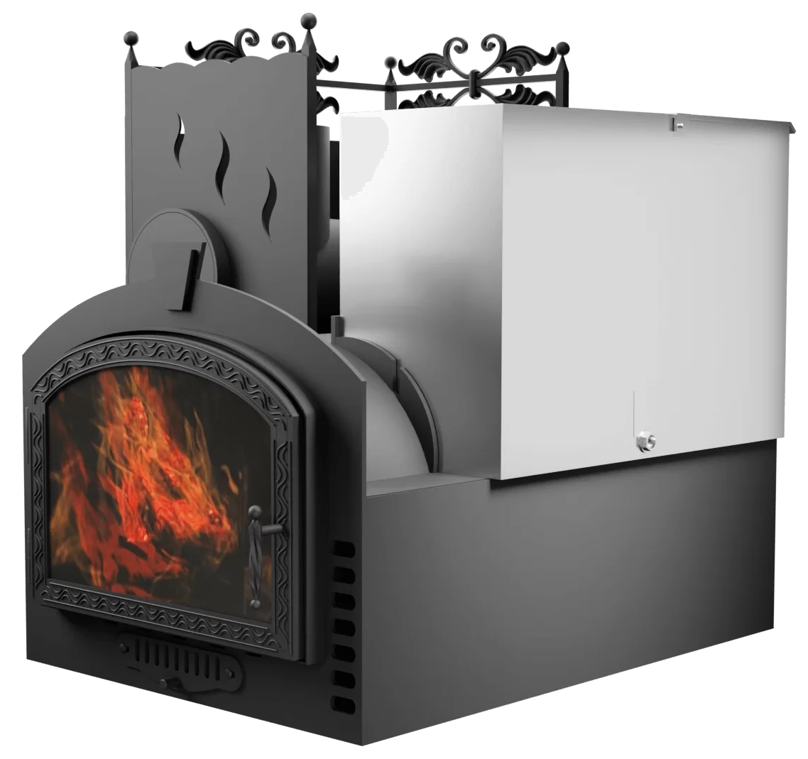 Печь Горыныч 3, каменка с левой стороны, большая дверь со стеклом, система воздушного отопления фото в Нижнем Новгороде