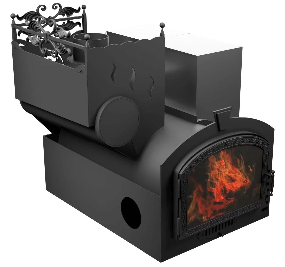 Печь Горыныч 3, каменка с левой стороны, большая дверь со стеклом, система воздушного отопления фото в Нижнем Новгороде