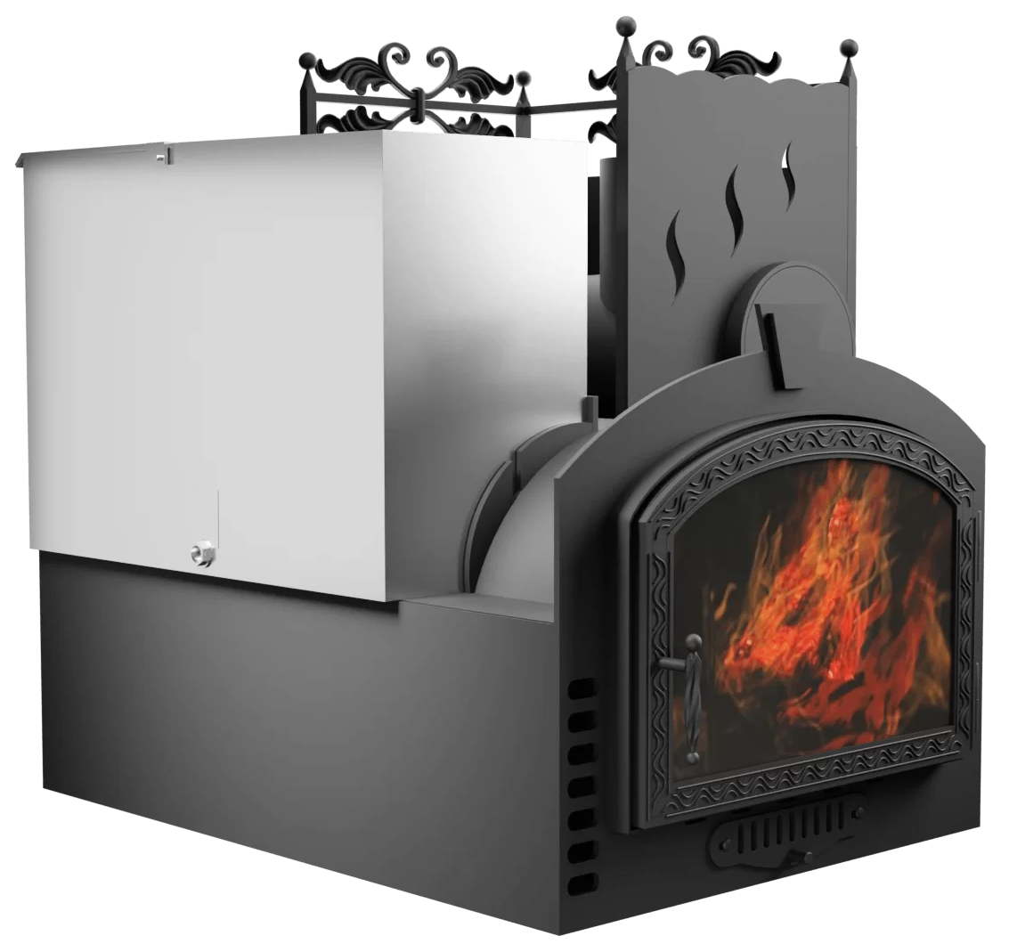 Печь Горыныч 3, каменка с правой стороны, большая дверь со стеклом, система воздушного отопления фото в Нижнем Новгороде