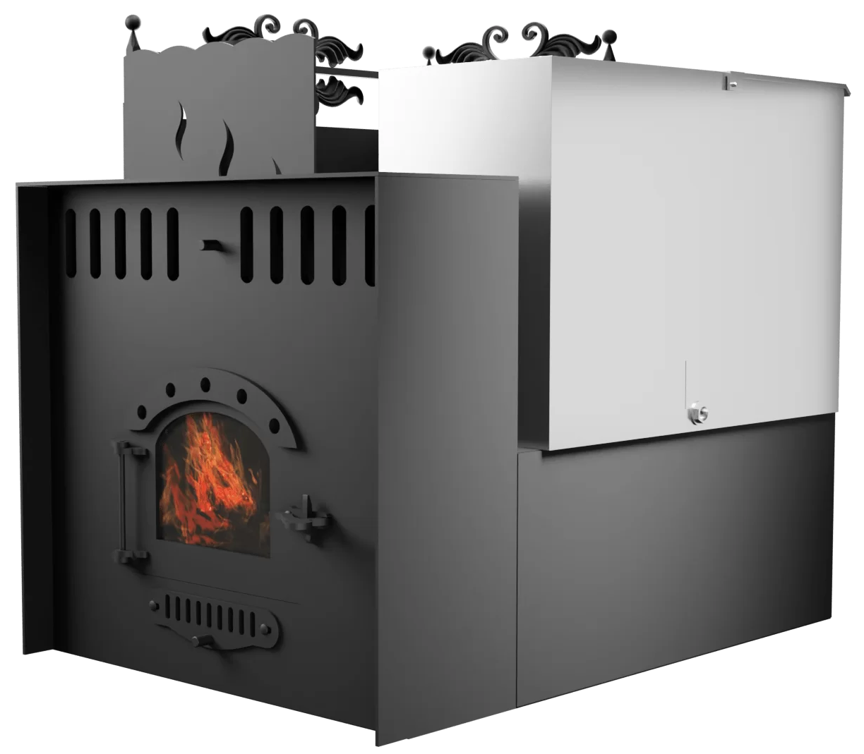 Печь Горыныч 3, каменка с левой стороны, малая дверь со стеклом, система воздушного отопления с порталом фото в Нижнем Новгороде